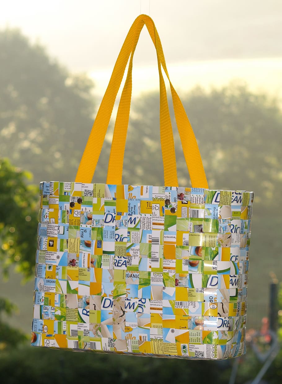 bag, hand labor, woven, braid, wattle, decorative, pattern, recycle, focus on foreground, yellow