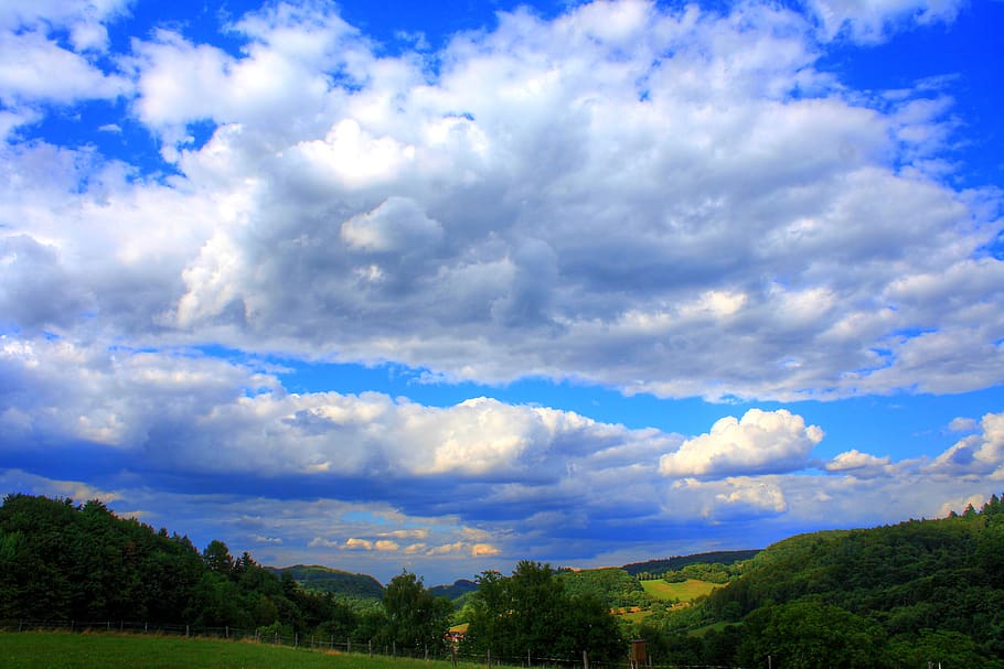 landscape, nature, forests, sky, clouds, summer, hill, reported, odenwald, hesse