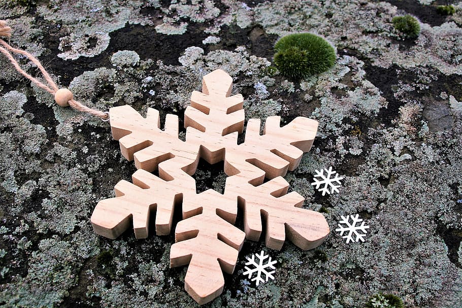 brown, wooden, snowflakes-themed, hanging, decor, gray, surface, nature, asterisk, stone