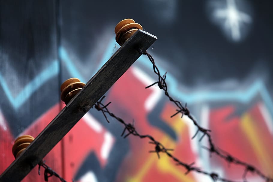 Barbed Wire, Border, Fence, Refugee, Ddr, border, fence, federal republic of germany, graffiti, metal, barrier