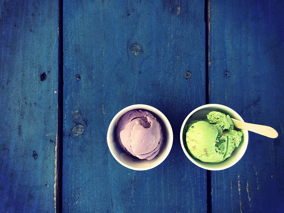two, flavored, ice cream, served, white, cup, wood - Material, food, drink, freshness