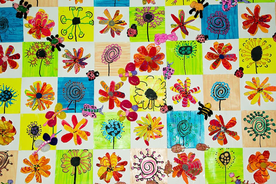 assorted-color flower painting, children's drawings, painting, coloring, collage, backgrounds, full frame, pattern, multi colored, floral pattern