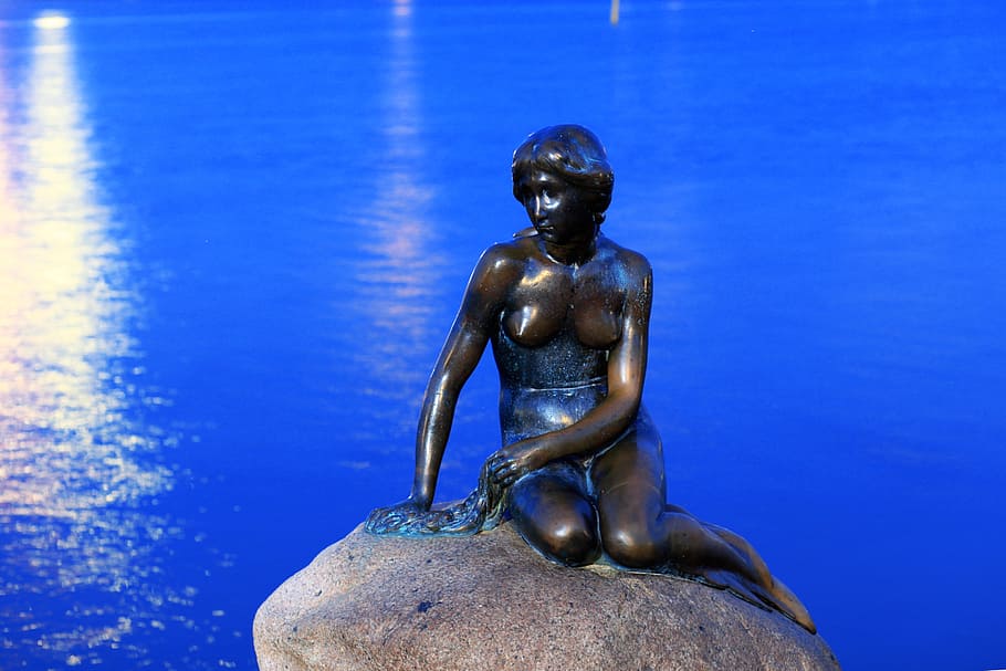woman statue, top, stone, little mermaid, copenhagen, kobanhavn, the little mermaid, blue, statue, denmark