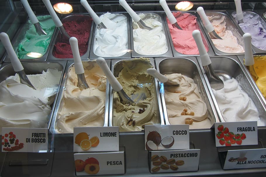 ice cream, inside, bain-marie inserts, display, italy, ice cream parlour, food, choice, in a row, variation