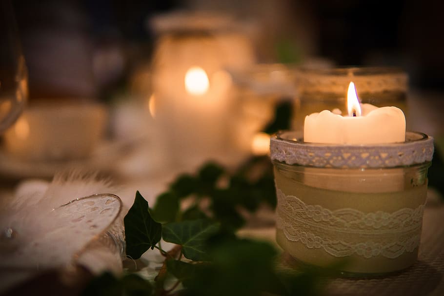 lighted, white, tealight candle, closeup, photography, candlelight, light, wedding, romantic, celebration