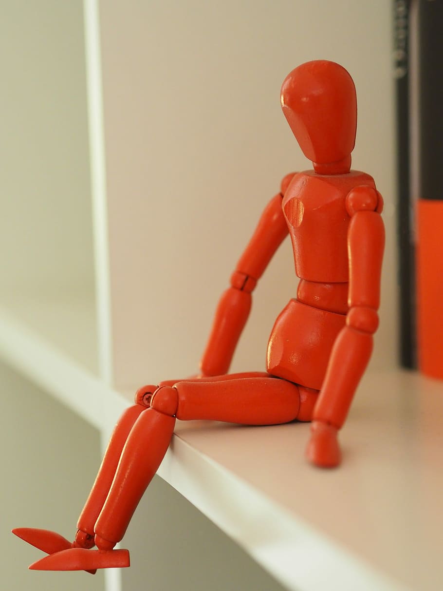 Character, Puppet, sitting, based, seated figure, orange, shelf, rest, wood, red