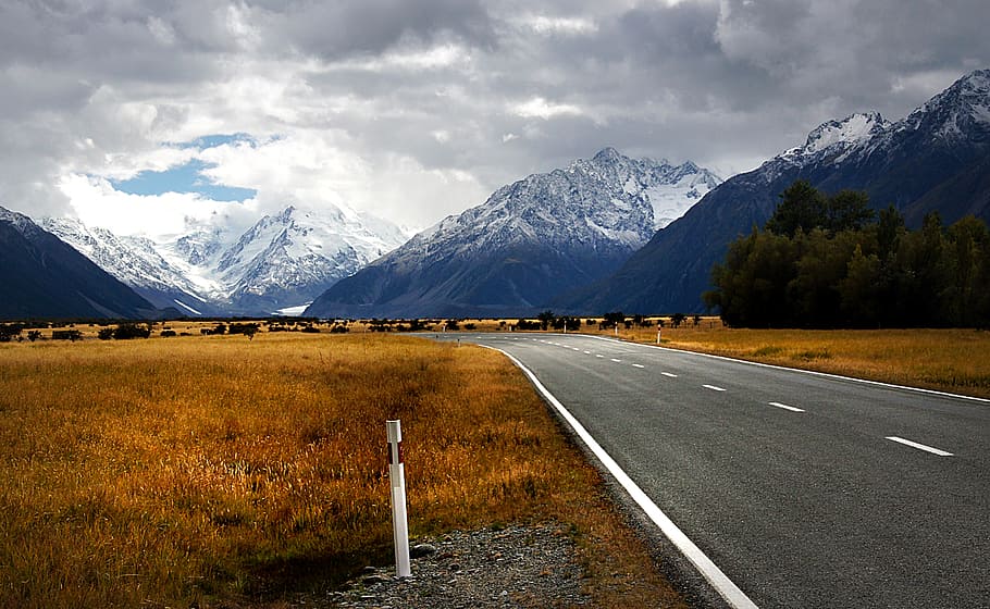 Road, Mount Cook, NZ, gris, carretera, hierba, nublado, día, montaña, transporte