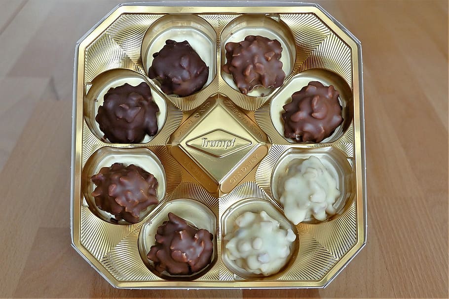 white, brown, chocolates, gold tray, candy, confectionery, chocolate praline, delicacy, calories, box of chocolates