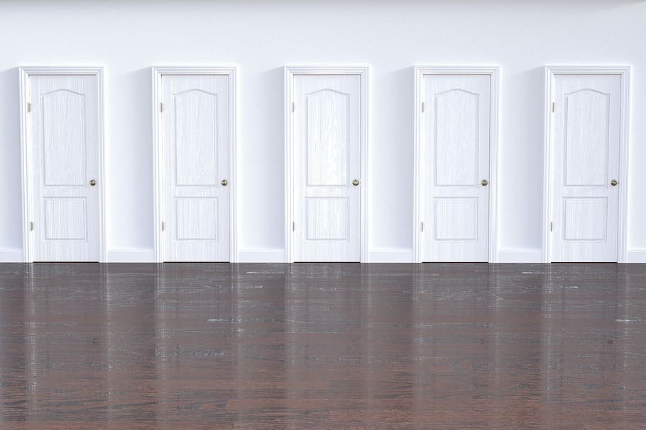 cinco, branco, de madeira, portas, parede, porta, design de interiores, entrada, escolha, casa