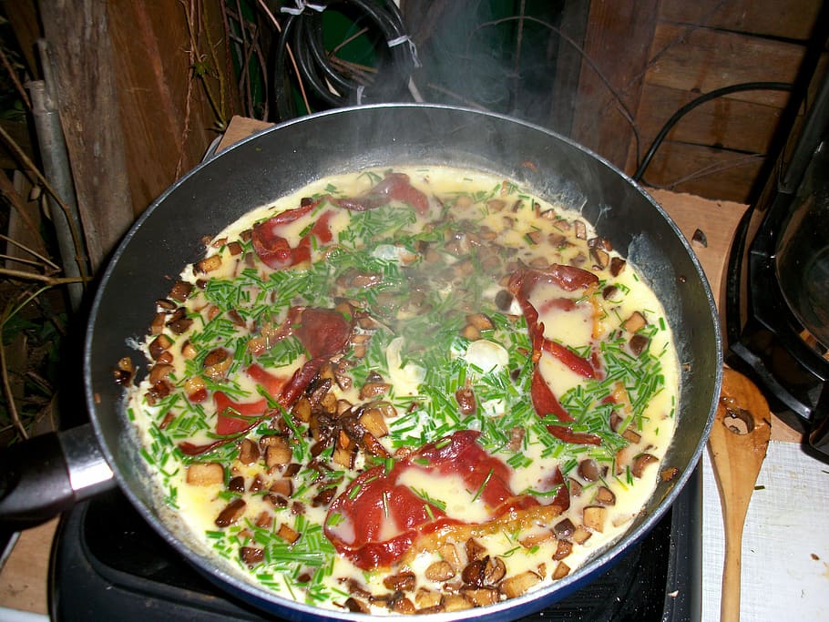 omelette, mushroom omelette, mushroom skillet, court, fry up, colorful omelette, delicious, tasty, substantial, chives