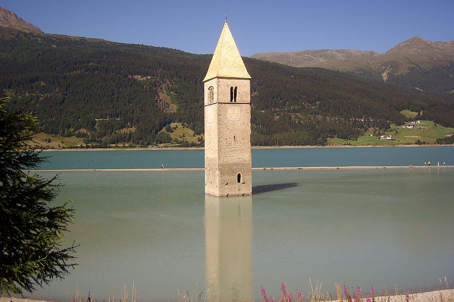 Reschen Pass, Tower, Water, Landscape, tower in water, architecture, built structure, outdoors, day, building exterior