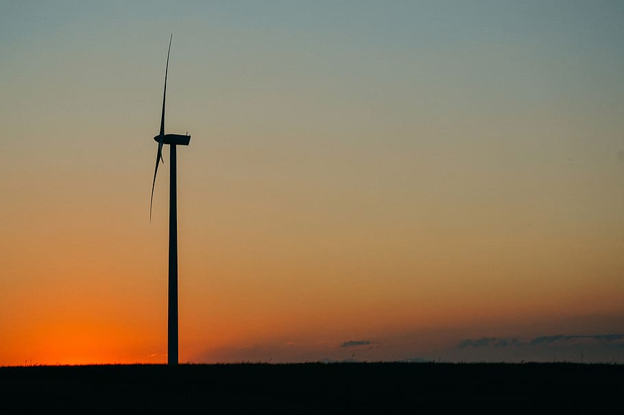 silhouette of windmill, windmill, silhouette, sunset, dusk, sky, orange, landscape, alternative energy, wind power
