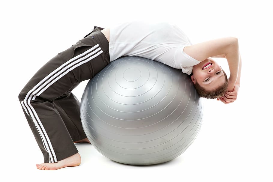 chico, gris, bola de estabilidad, activo, actividad, bola, ejercicio, hembra, ajuste, gimnasio