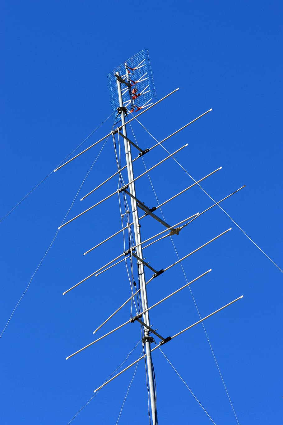blue sky, tv, antenna, communication, tower, mast, broadcast, low angle view, sky, blue