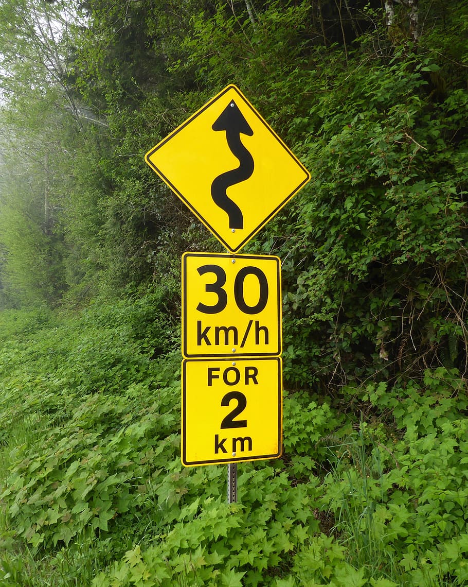 road sign, hairpin, danger, drive slowly, twisty, twist, mountains, canada, tour, autotour