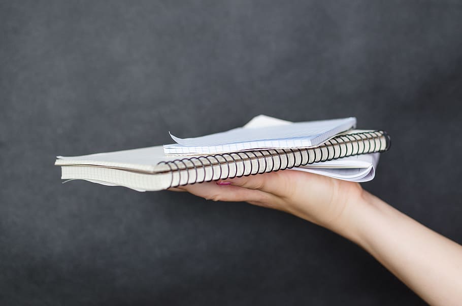 person, holding, spiral notebook, mockup, white, sign, business, paper, female, empty