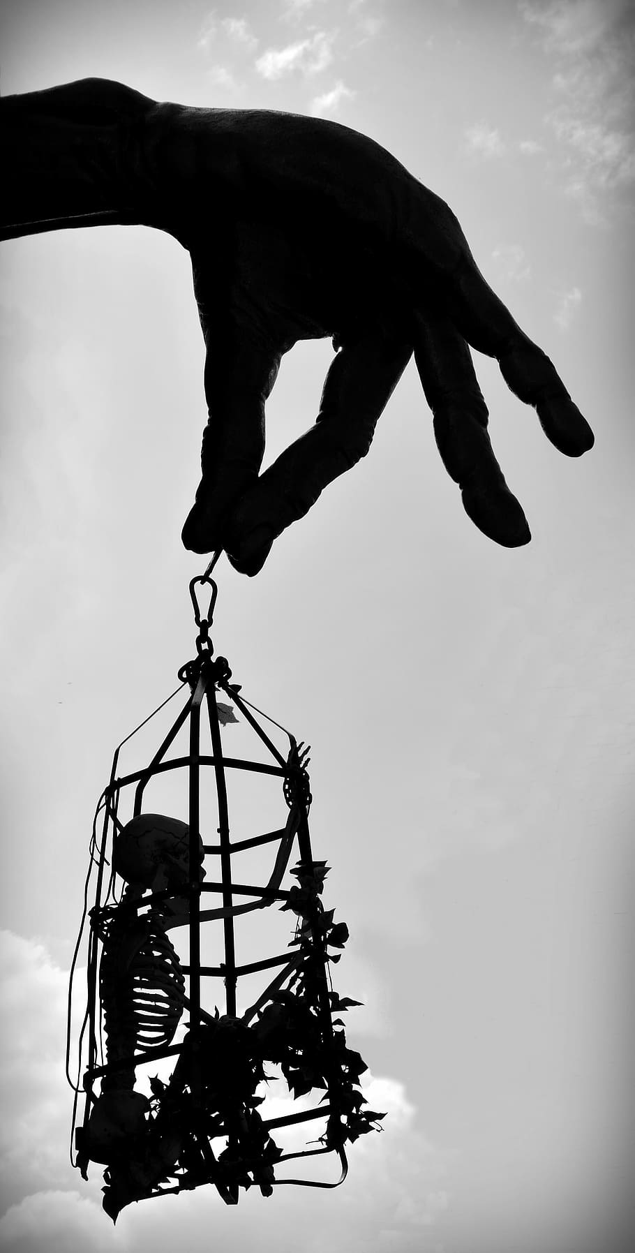 person, holding, cage illustration, hand, skeleton, starved to death, hunger basket, finger, bone, black white
