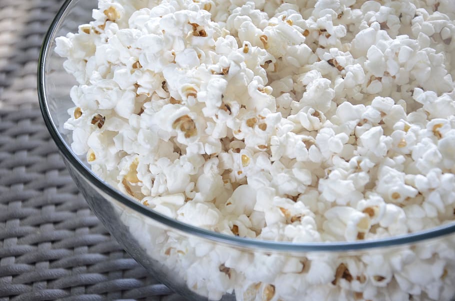 popcorns, clear, glass bowl, popcorn, snack, bowl, food, movie, cinema, entertainment