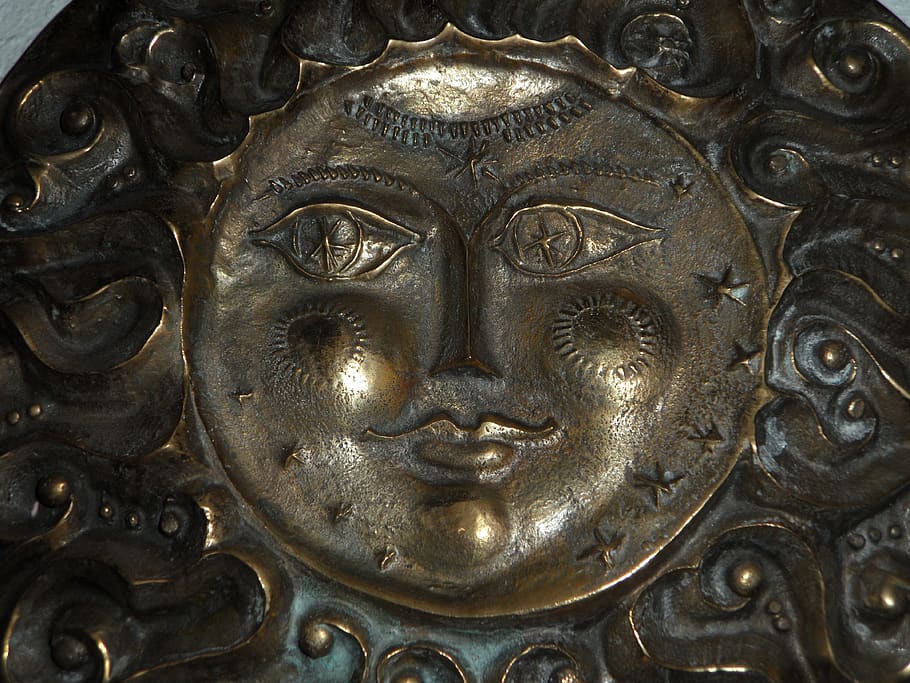 wajah, matahari, senyum, ramah, logam, lega, berkilau, metalik, seni dan kerajinan, representasi manusia