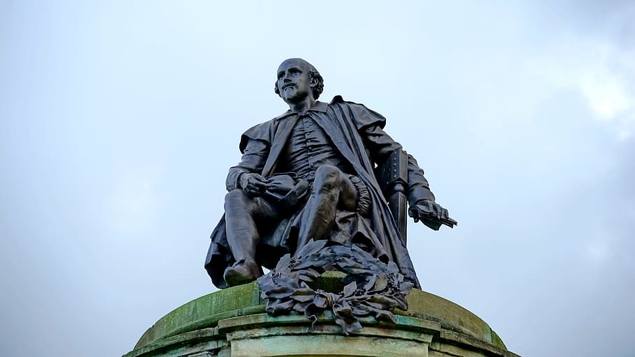 man, sitting, chair statue, cloudy, daytime, William Shakespeare, Statue, shakespeare, william, england