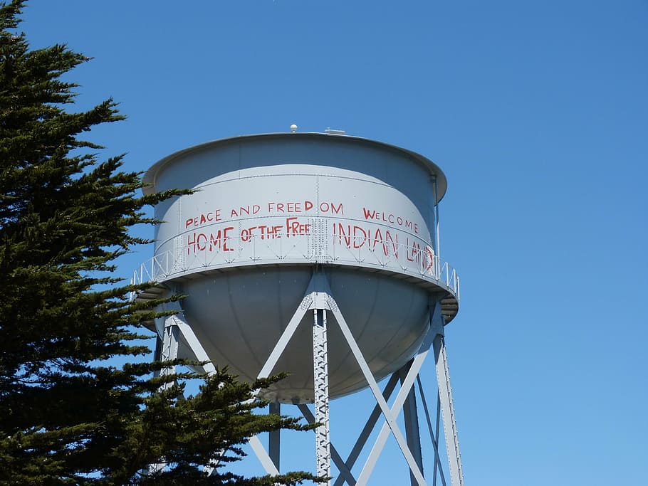 alcatraz, water tower, california, san francisco, historic, native americans, cultural landmark, prison, graffiti, sky