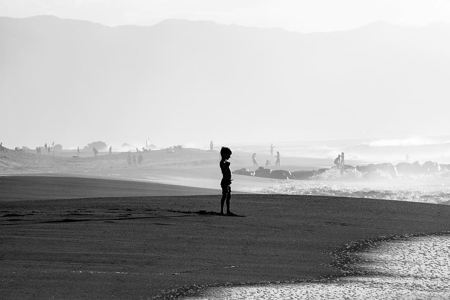 grayscale painting person, standing, empty, field, grayscale, person, seashore, people, men, kid