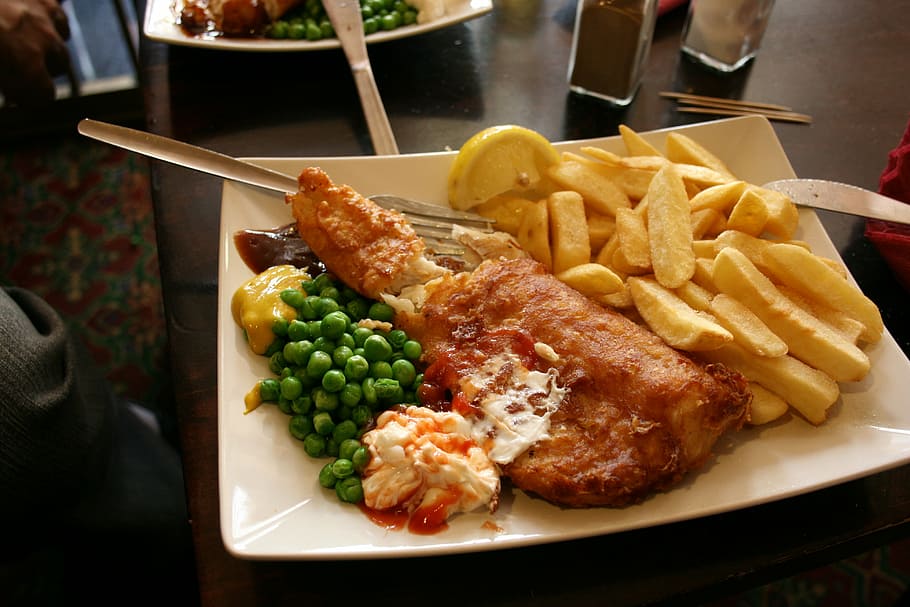 fish, crisp, peas, english food, food and drink, fast food, food, french fries, prepared potato, ready-to-eat