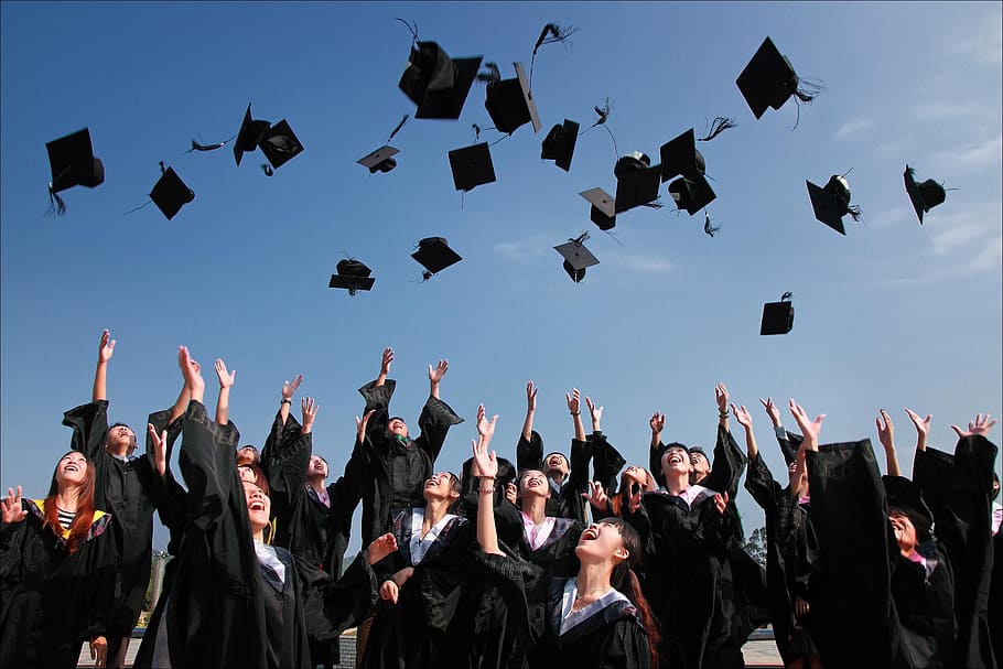 grupo, graduándose, estudiantes, estudiante universitario, foto de graduación, sombreros, graduación, logro, birrete, toga de graduación