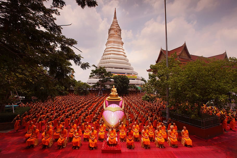 ceremony, supreme patriarch, buddhists, patriarch, priests, monk, orange, robes, thailand, asia