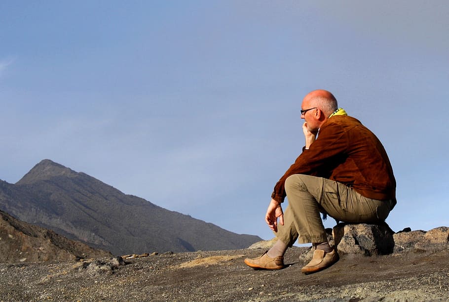 man, sitting, field, mountain, person, tourist, resting, pause, enjoying, landscape