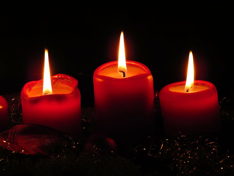 three, red, lighted, votive, candles, advent, cozy, quiet, advent wreath, flame