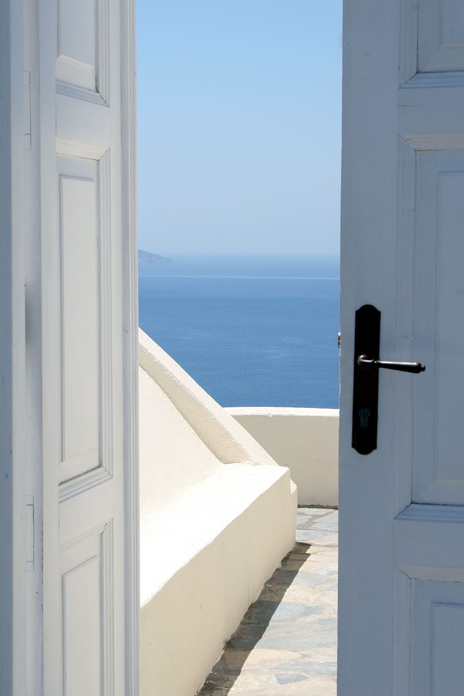 slightly, open, white, door, overlooking, body, water, entry, sea, santorini