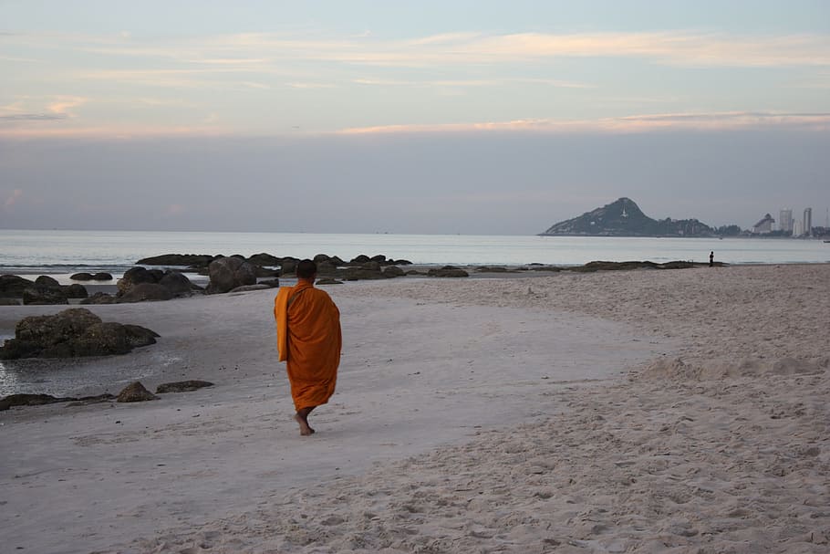 พระ, alms, beach, sea view, buddhism, thailand, prachuap khiri khan, hua hin, water, sea