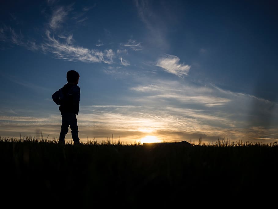 people, kid, boy, standing, alone, sunset, blue, sky, cloud, silhouette