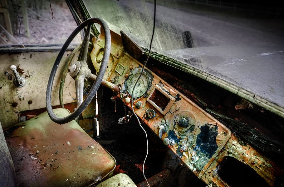 old, rusty, industry, rust, dirty, car, steering wheel, interior, hdr, industrial