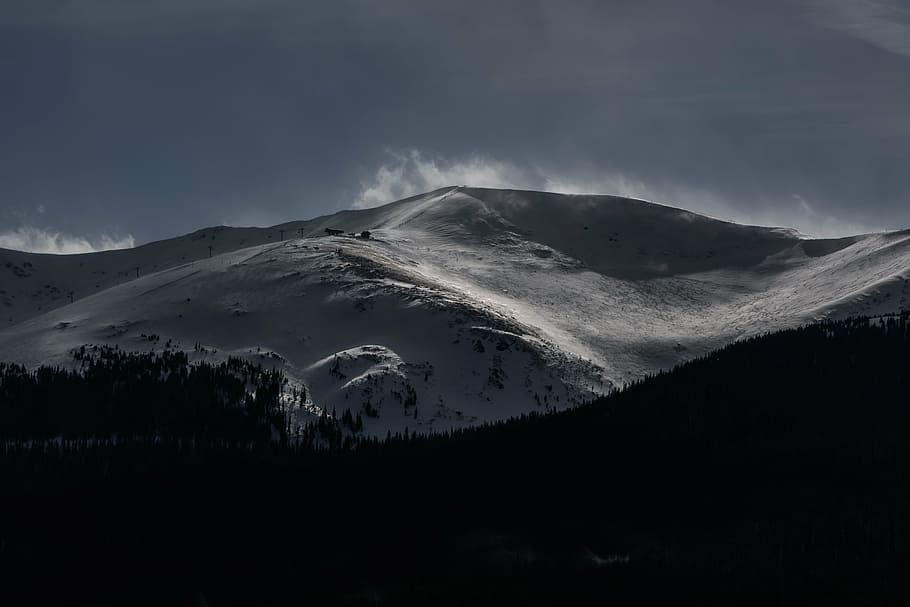 snow-covered mountain, mountain, highland, dark, cloud, sky, summit, ridge, landscape, nature