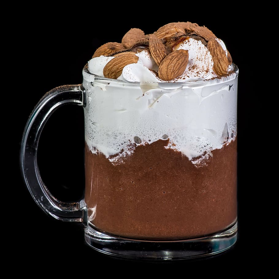 chocolate, almond, whipped cream, coffee, drink, food and drink, drinking glass, refreshment, studio shot, black background