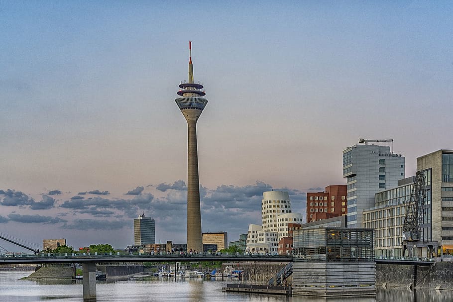 düsseldorf, puerto de medios, arquitectura, edificio, moderno, puerto, torre de televisión, torre del rin, arquitectura moderna, vista de la ciudad