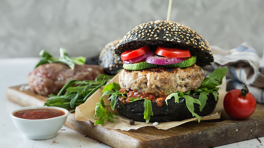 black, hamburger, tomato, black bread, vegetarian, kitchen, vegan, vegetables, eat, home made