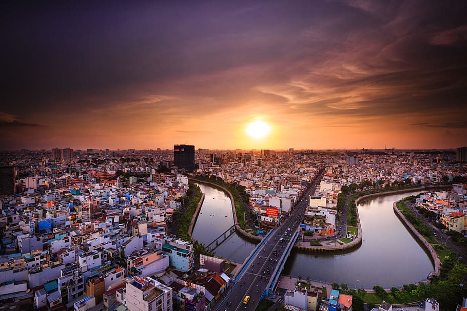 aerial, photography, buildings, sunset, ho chi minh, city, vietnam, sai gon, night, the horizon