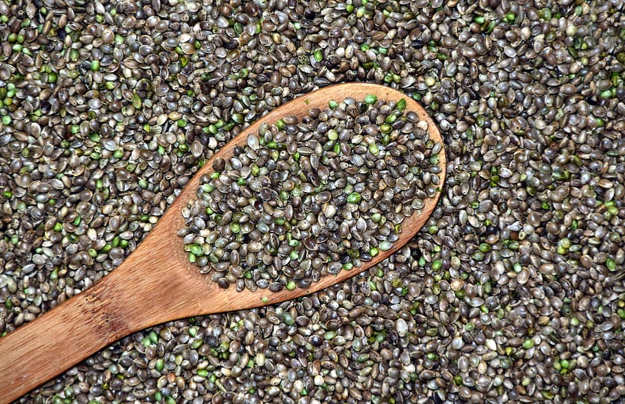 green, beans, brown, wooden, ladle, hemp, cannabis seeds, grains, healthy, food