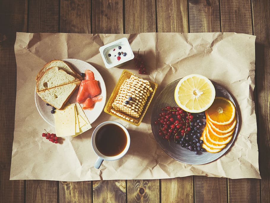 breakfast, snack, fruits, bread, coffee, tea, cracker, food, food and drink, table