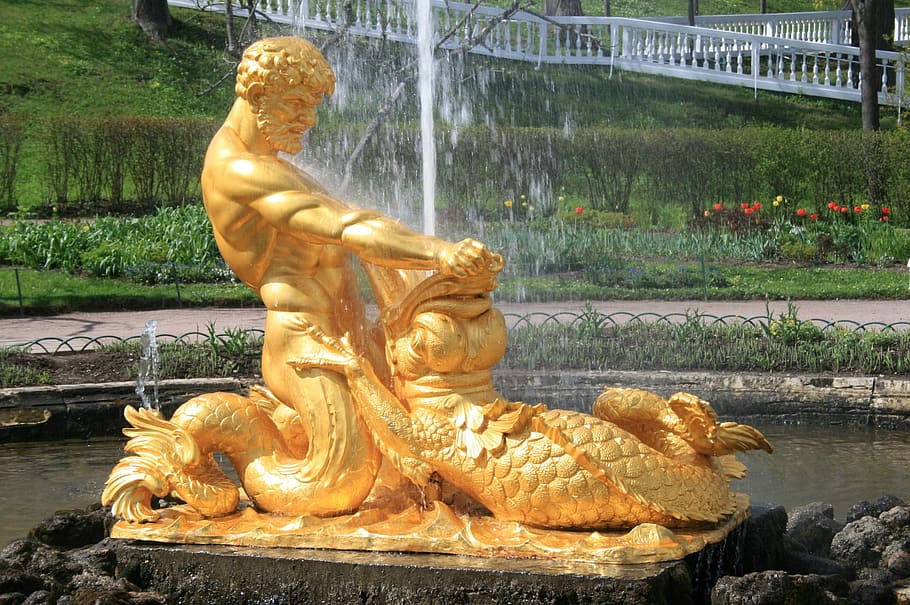 Fountain, Water, Spout, Statue, Bronze, water, spout, man, triton, sea monster, peterhof