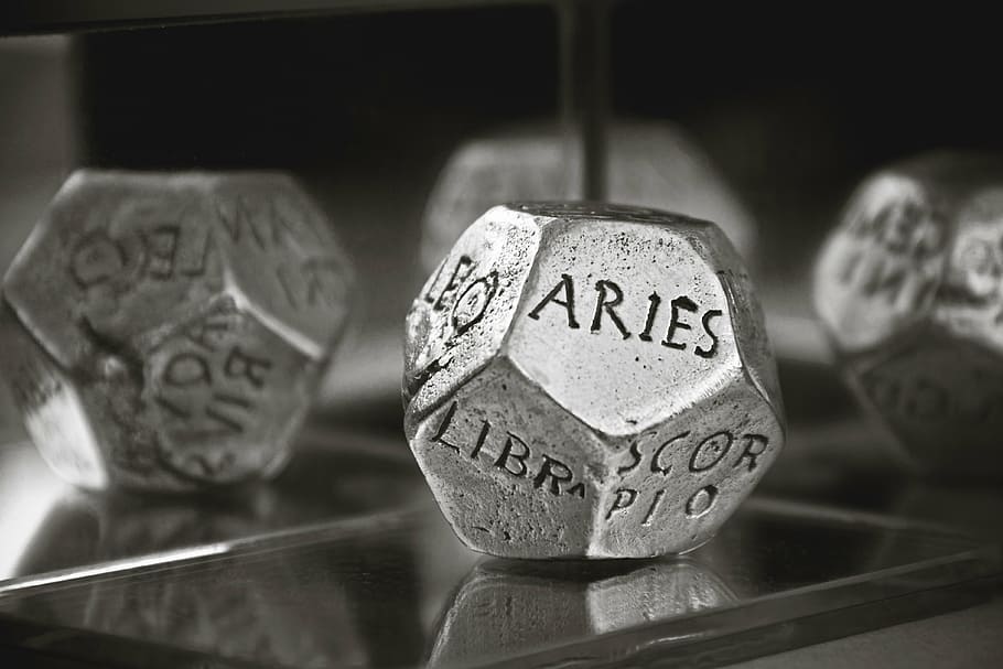 grey, stainless, steel dice, concept, astrology, aries, universe, magic, surreal, mystery