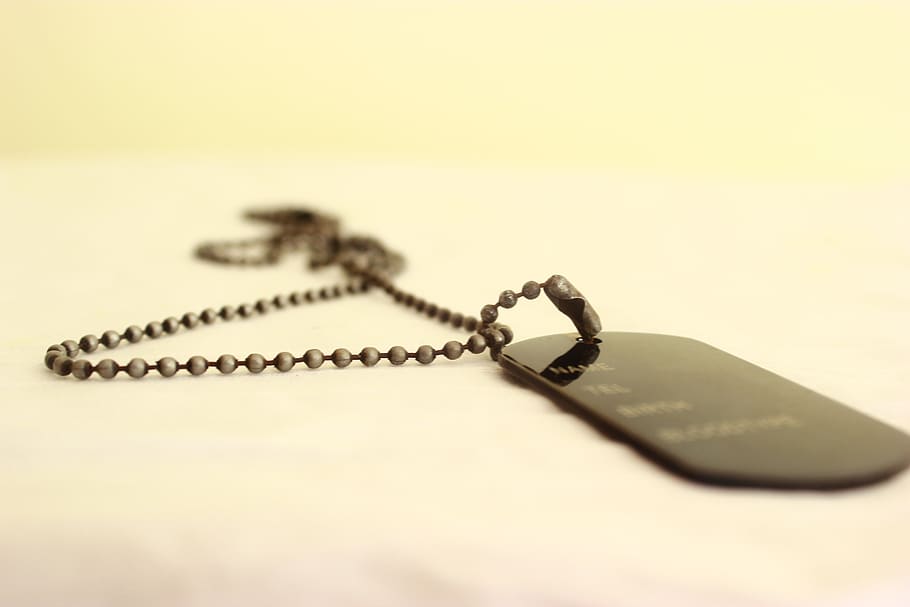 name tag, necklace, military, tag, chain, identification, id, jewelry, close-up, selective focus