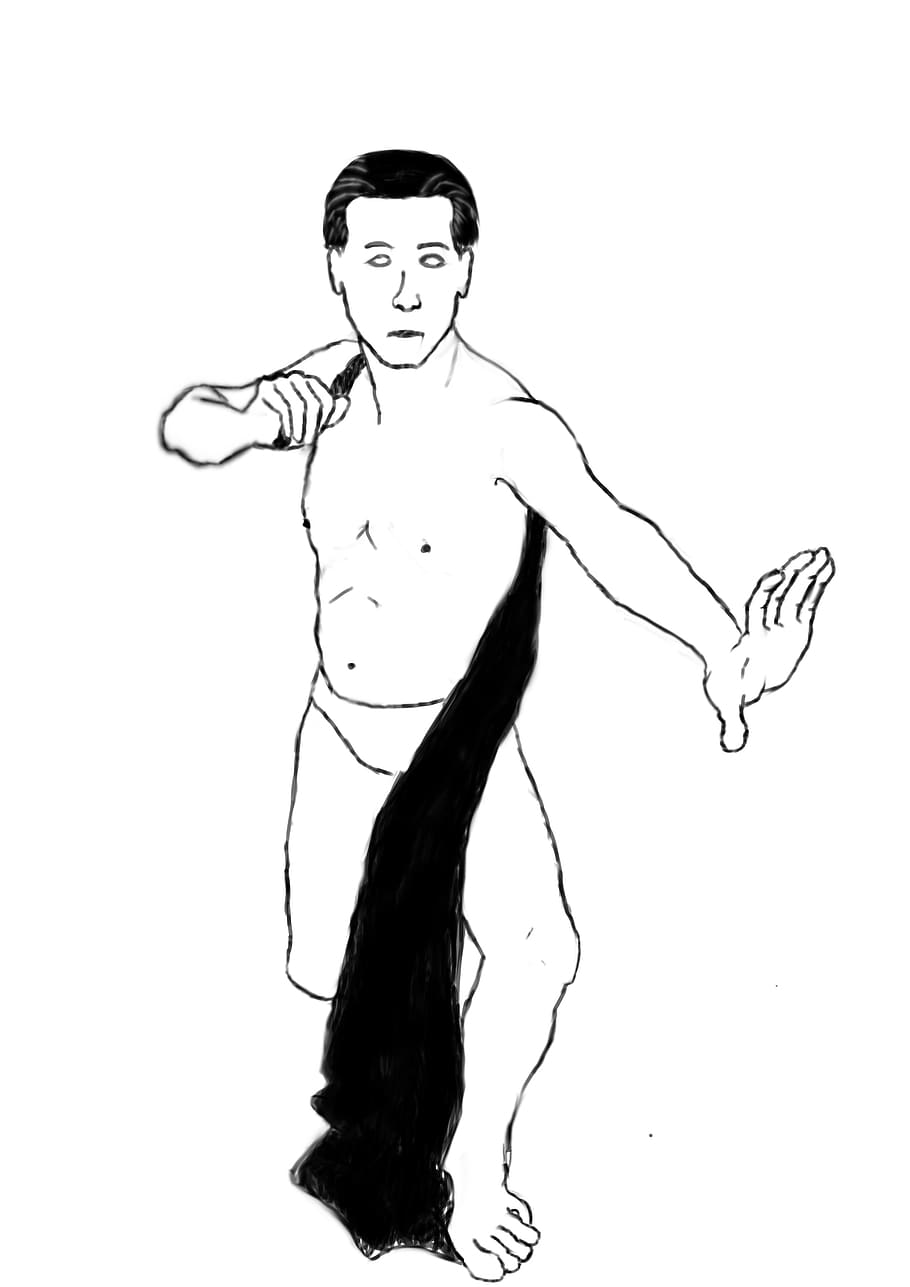 man, pose, drawing, act, outlines, black, white, white background, one person, studio shot