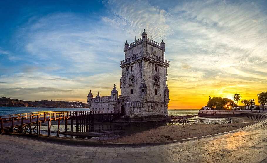 architectural, photography, beige, stone tower, body, water, belém tower, belem tower, lisbon, discoveries