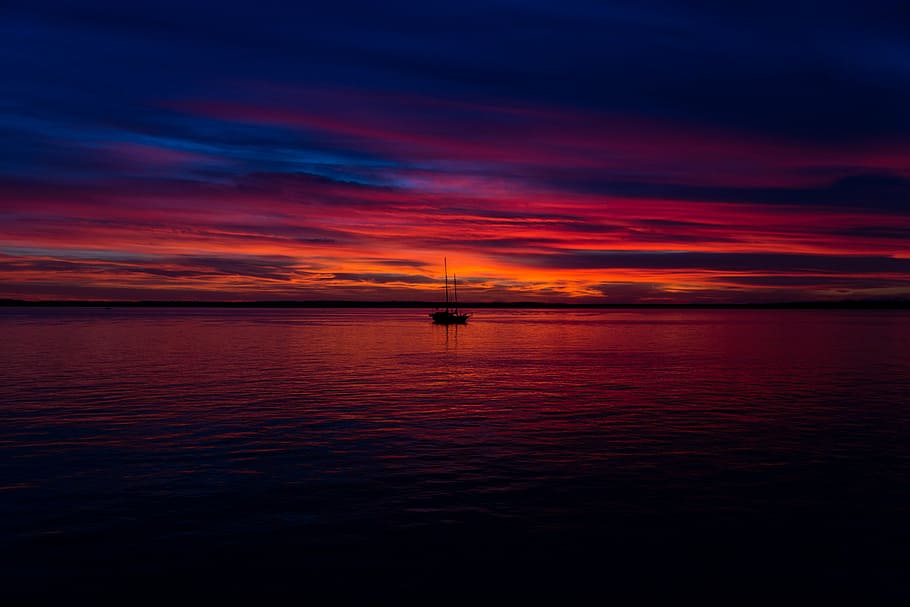 barco, mar, rojo, azul, cielo, solitario, ligero, puesta de sol, oscuridad, nubes