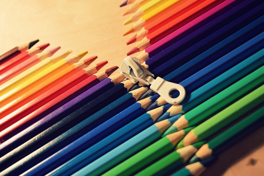 pensil warna, ritsleting, aneka warna, krayon, warna, seni, zip, multi-warna, pensil, alat tulis