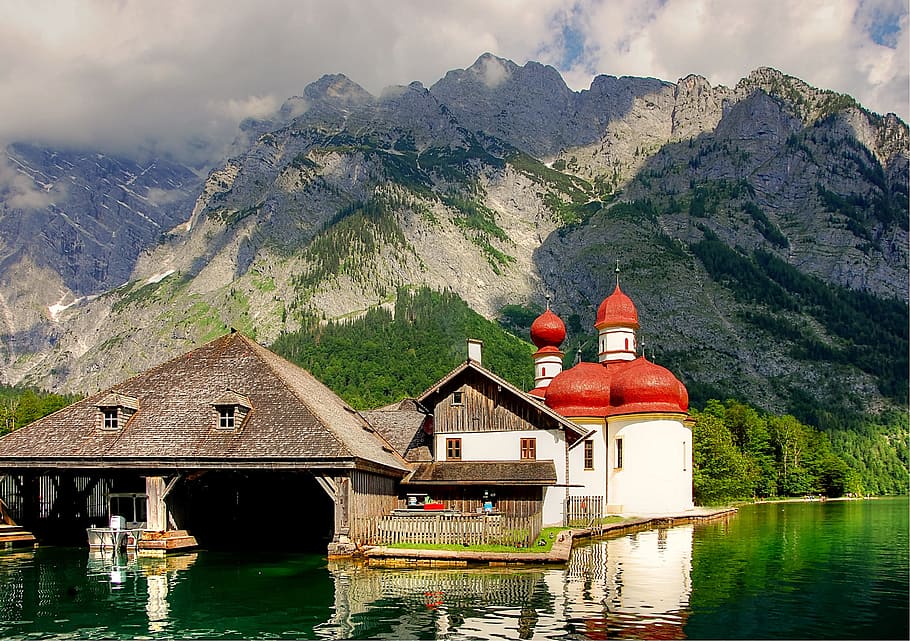 red, white, mosque, body, water, Königssee, Bavaria, Alpine, berchtesgaden, lake